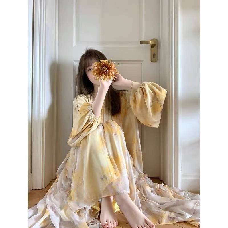 French Entry Lux Design Yellow Puff Sleeve Long Dress with Ink Print