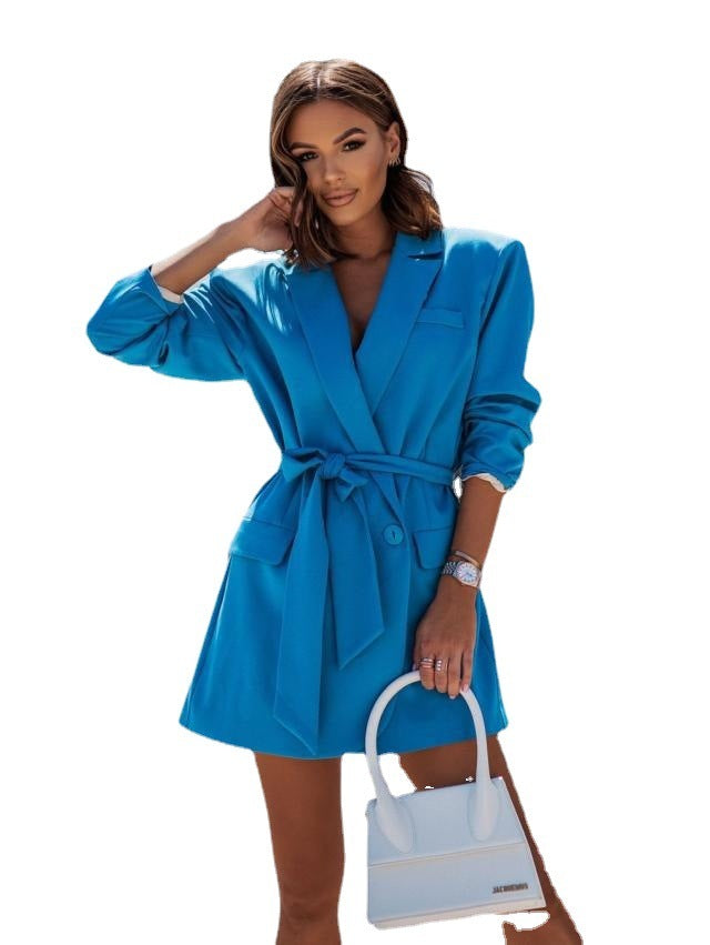 Women's Long Sleeve Lace-Up Blazer Collar Coat