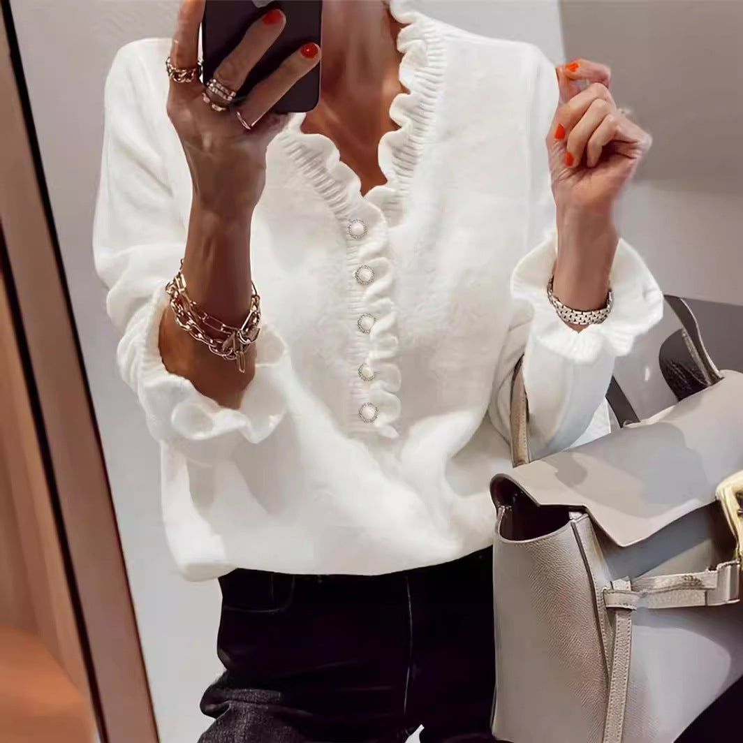 Women’s Winter V-Neck Ruffled Knitted Pullover Sweater Long Sleeve
