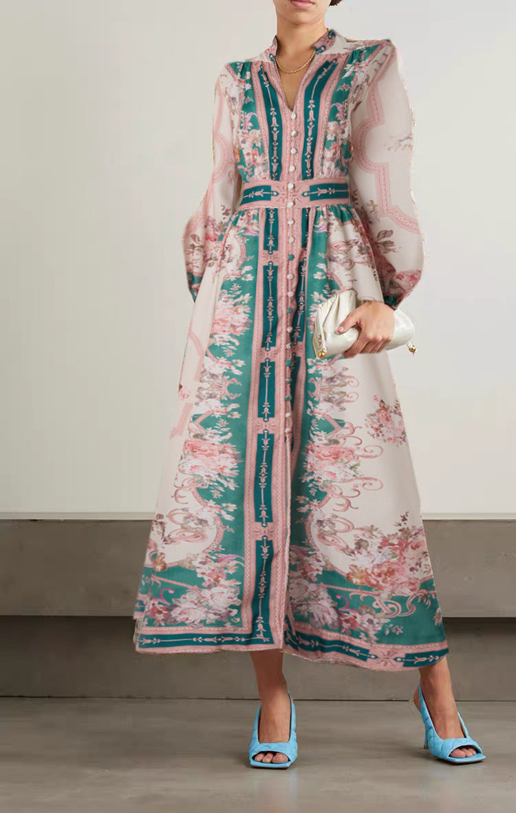 Robe imprimée à manches lanternes simple boutonnage en coton et lin