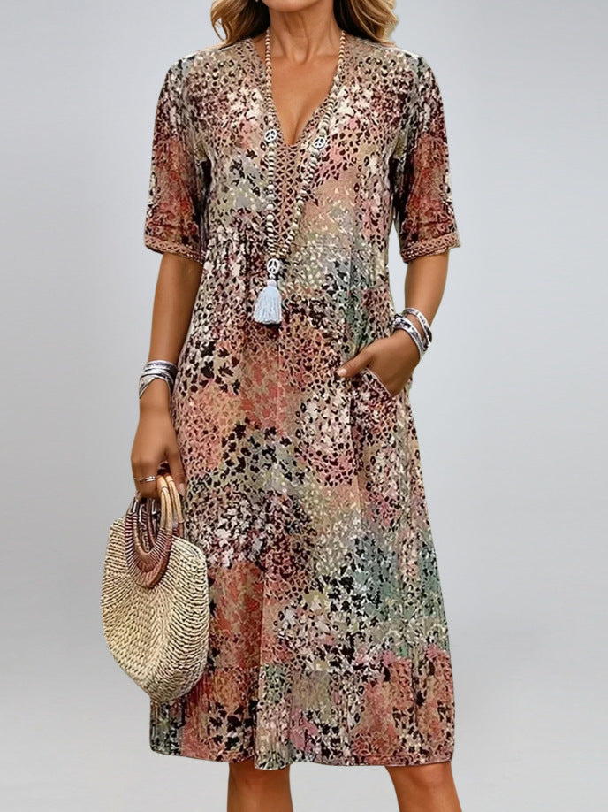 Robe d'été à col en V et demi-manches avec imprimé ethnique et poches pour femme