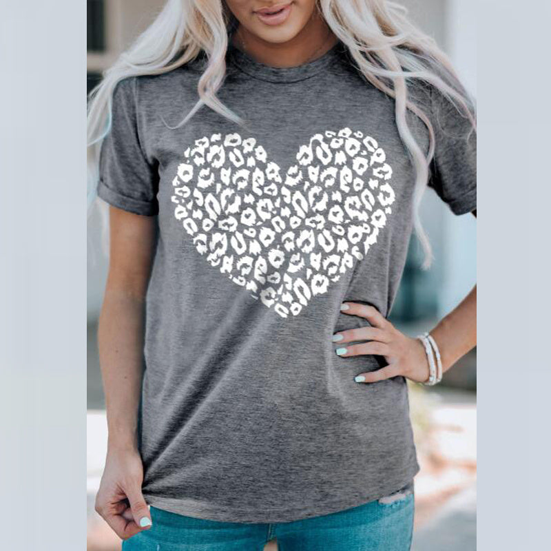 Gray Leopard Print Heart Casual Round Neck Short Sleeve T-Shirt