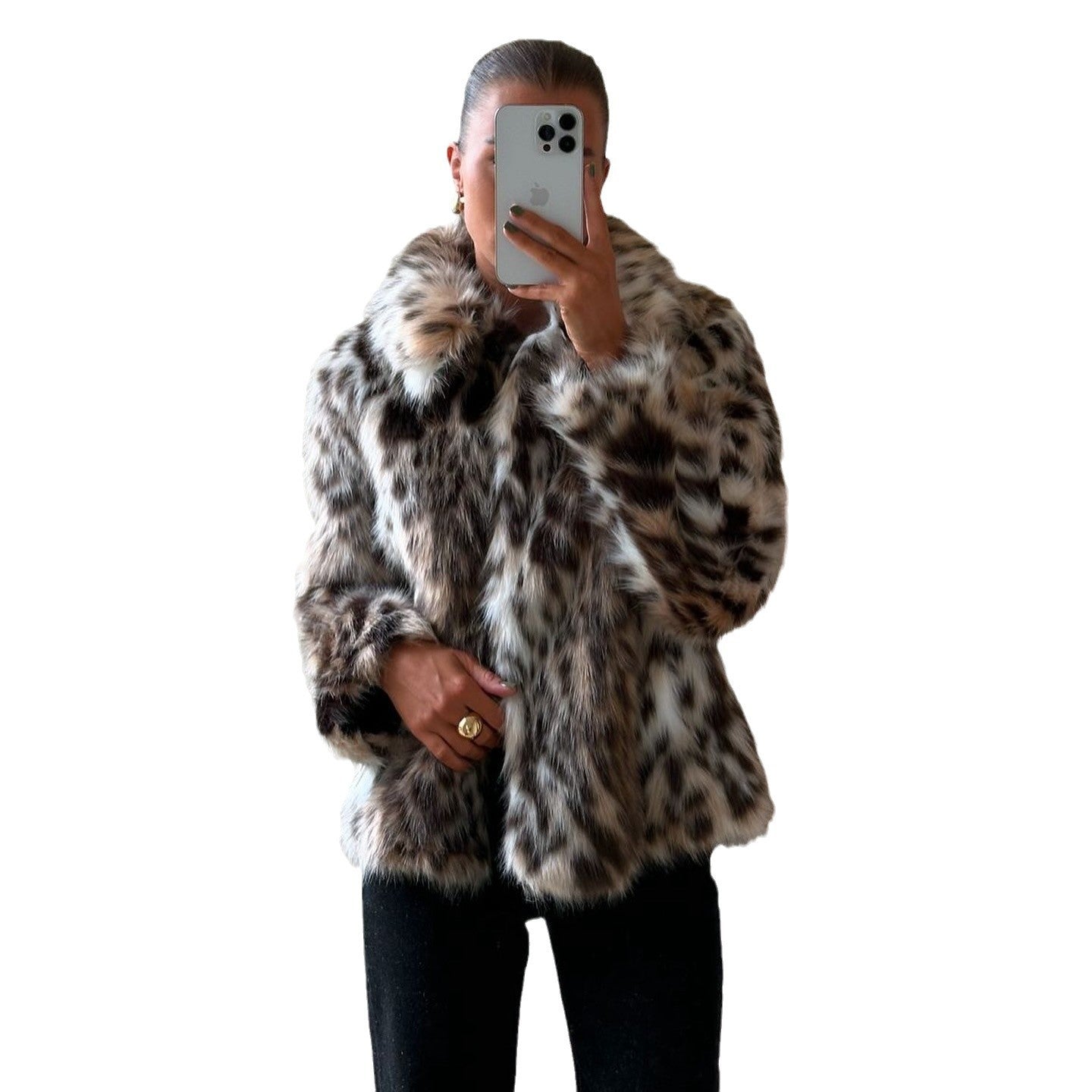 Leopard Print Short Lapel Fur Coat for Women