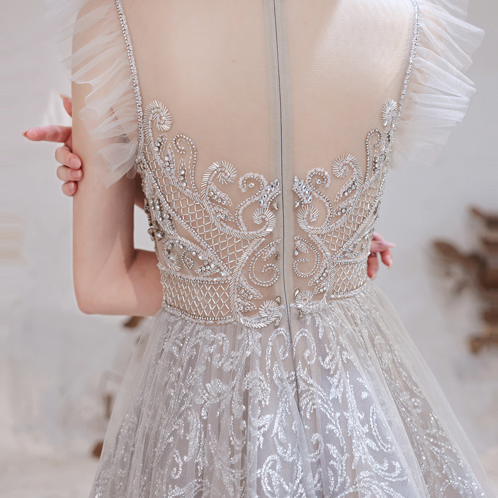 Spring High Gray Half High Sweet Standing Collar Thin Short Paragraph Mid-waist Slim Wedding Dresses Evening Dress