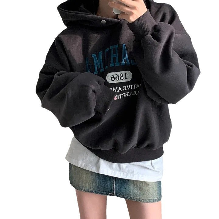 Dongdaemun Letter Embroidered Velvet Padded Thick Sweater Free Size