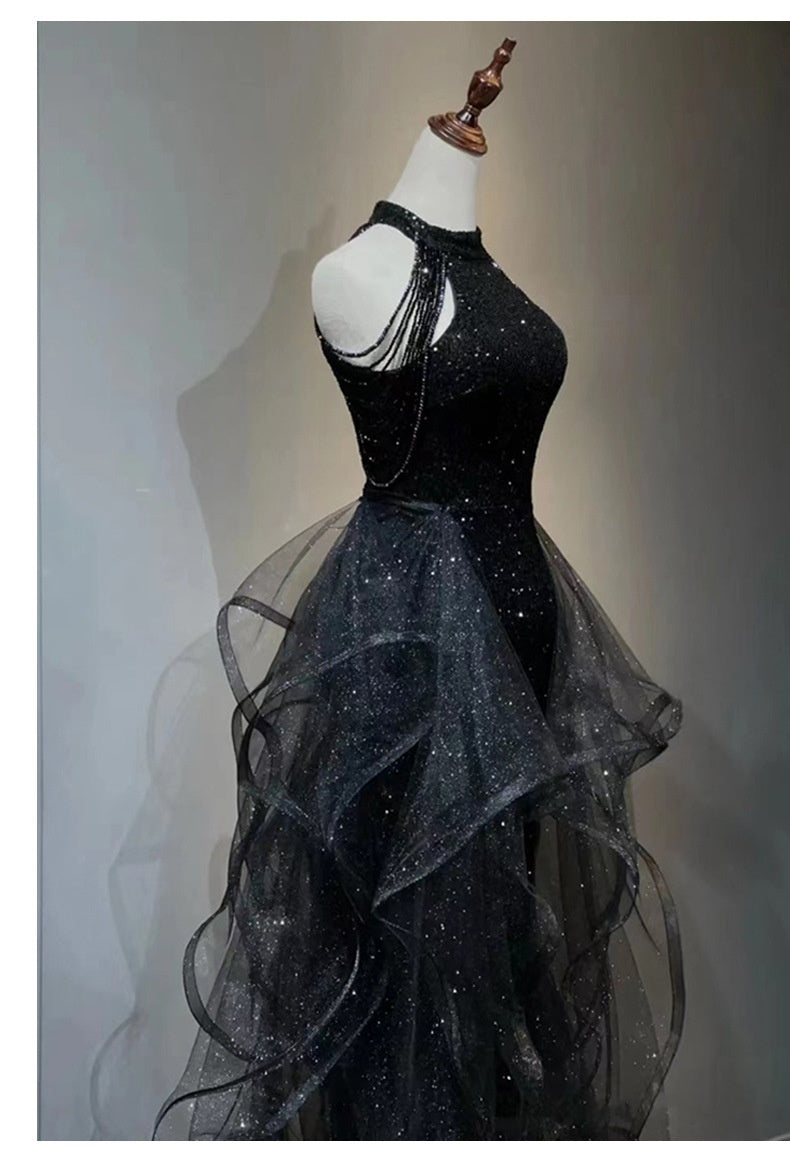 Black Sleeveless High Waist Evening Dress for Women, XS-XXL