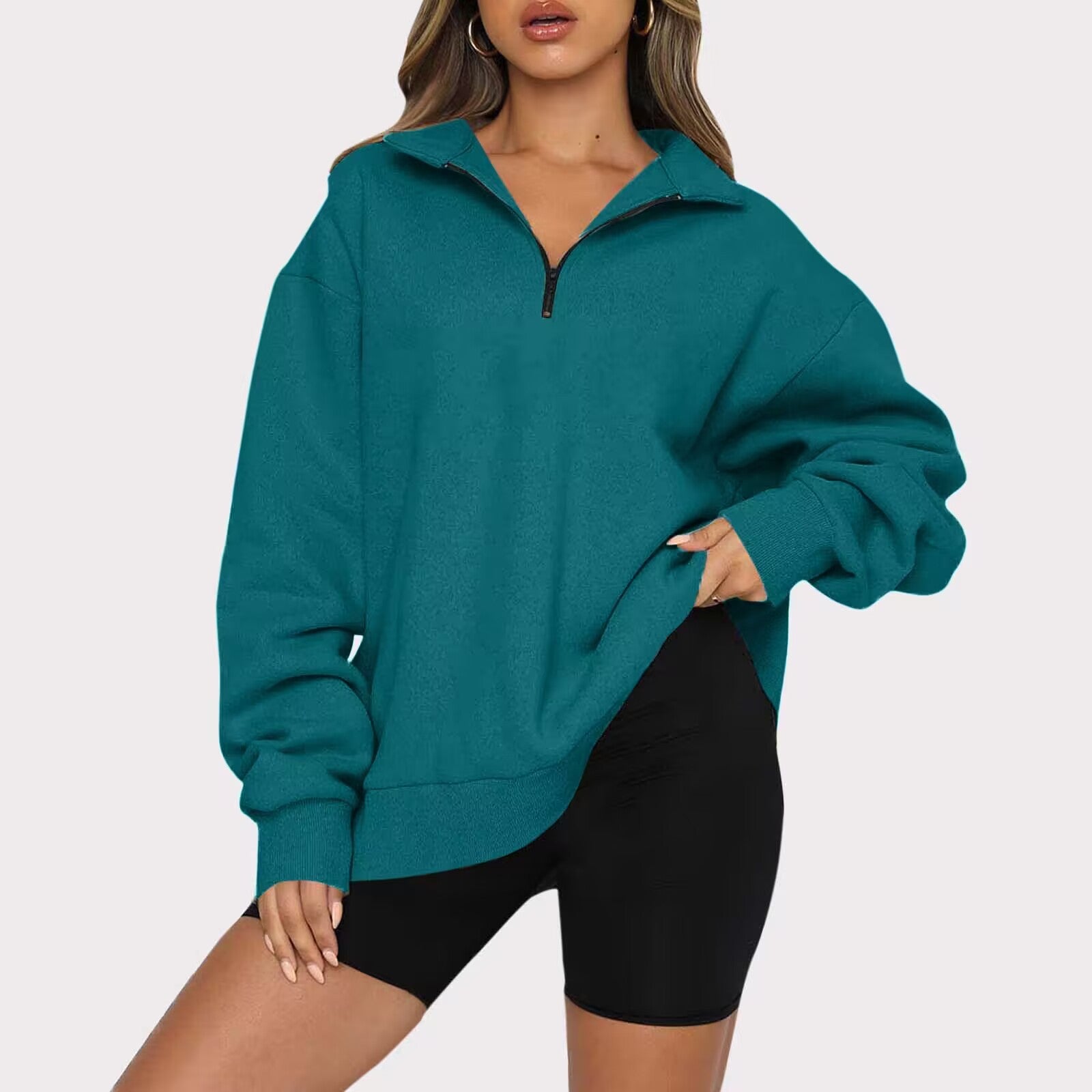 Sweat-shirt zippé femme à col rabattu – Haut pull ample et décontracté