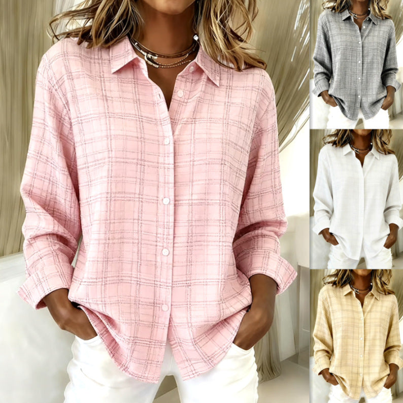 Women’s Plaid Lapel Button-Up Blouse Polyester Cardigan