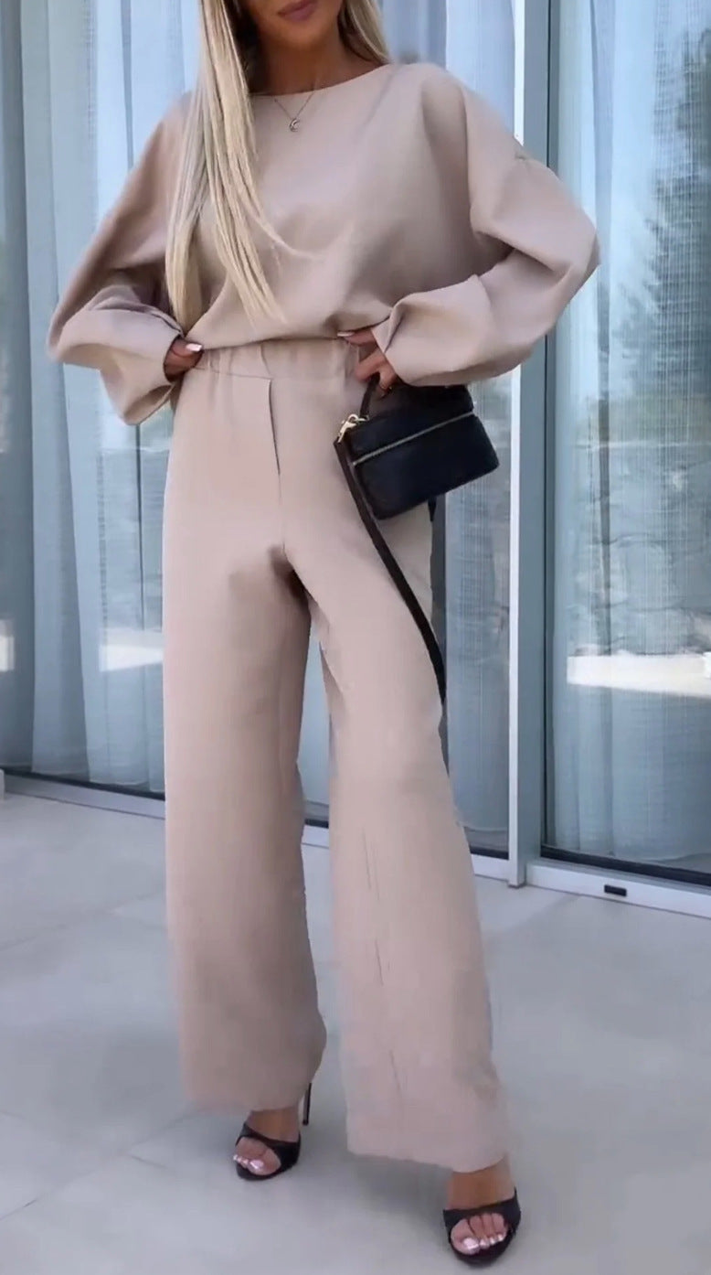 Ensemble deux-pièces femme couleur unie col rond manches longues taille élastique