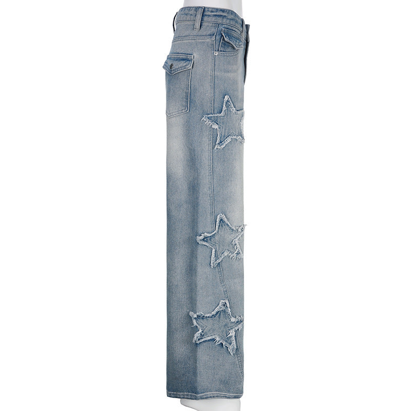 Embroidered High Waist Straight Leg Denim Jeans