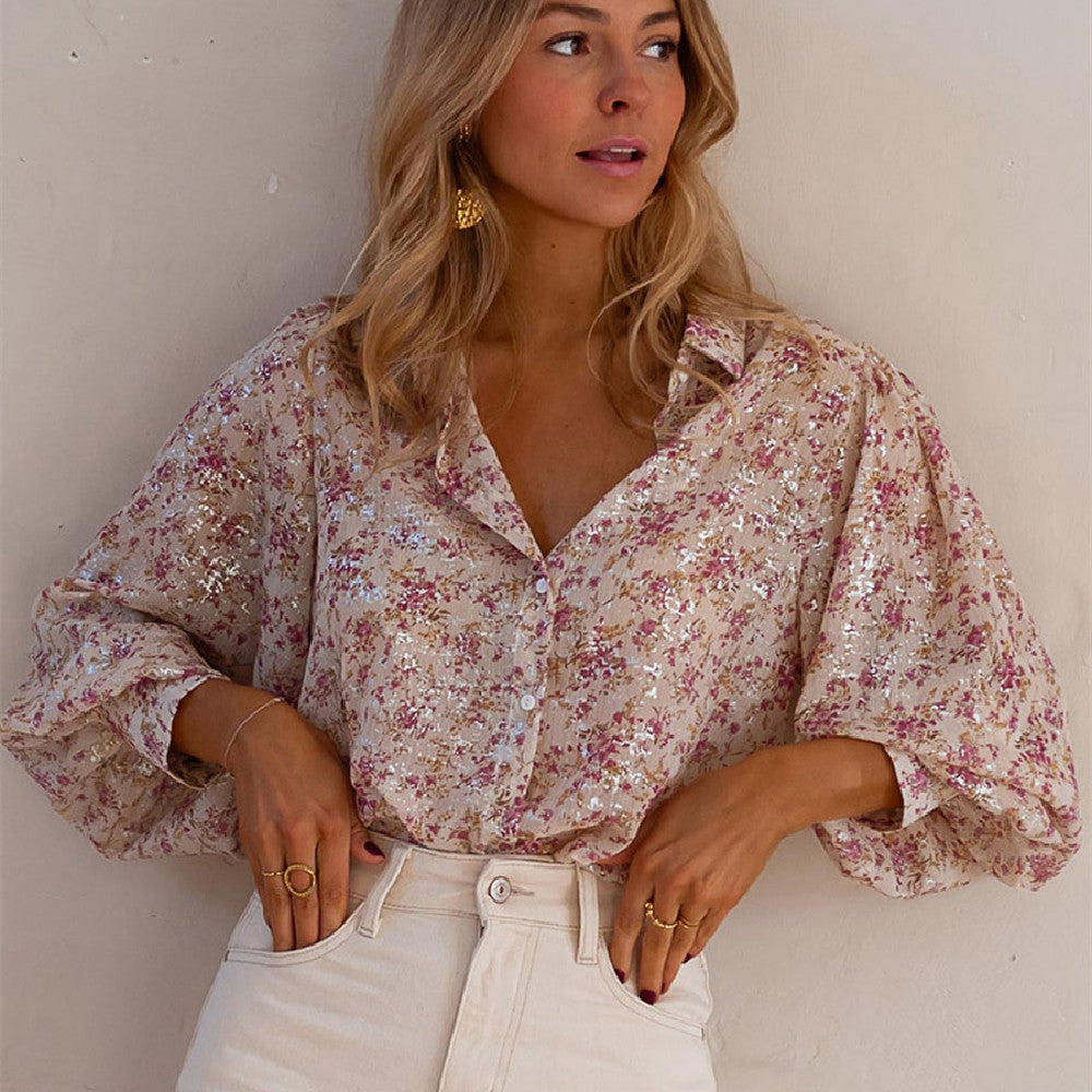 Fashion Women's Single Row Multi-Buckle Shirt with Floral Print