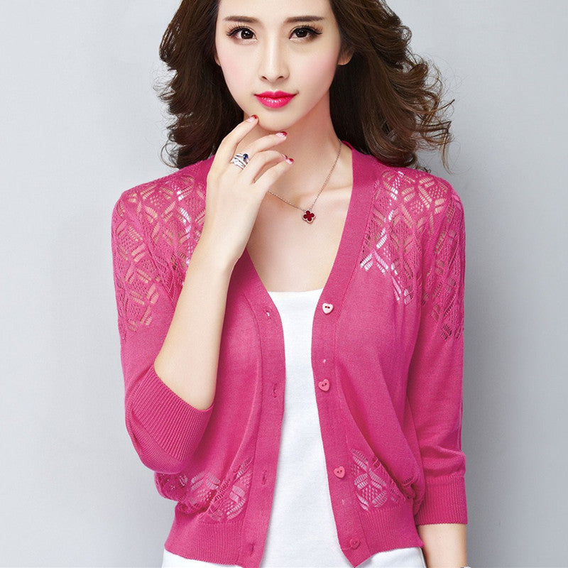 V-neck Short Outer Wear Cardigan Hollow-out Knitted Coat