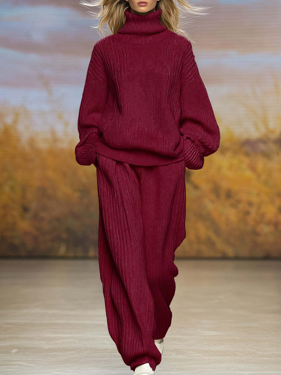 Ensemble Femme Pull Col Roulé Ample et Pantalon Large Tricoté