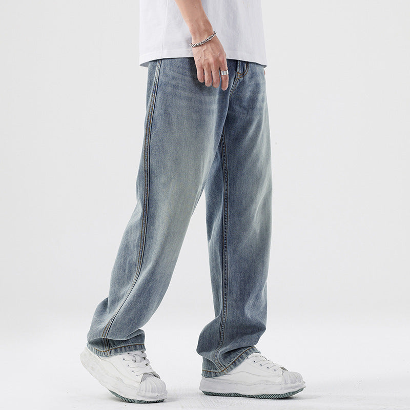 Light Blue Loose Straight Wide Leg Casual Denim Trousers Mid Waist