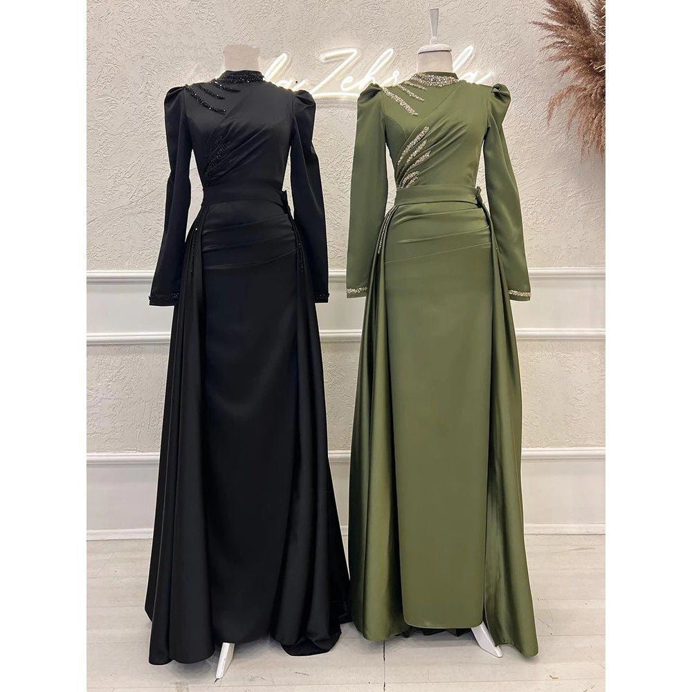 Muslim Stand Collar Detachable Long Sleeve Evening Dress