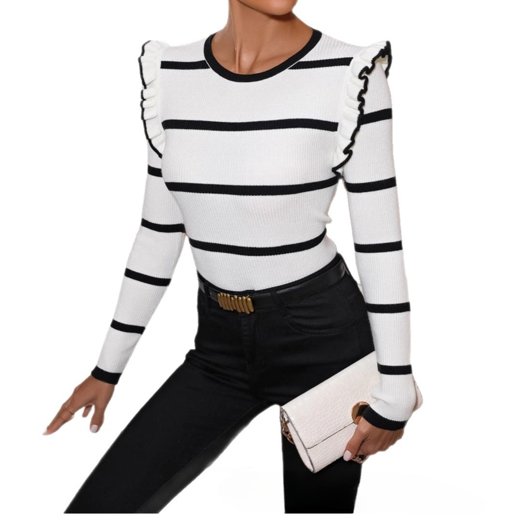Casual Contrast Striped Crew Neck Long Sleeve Top