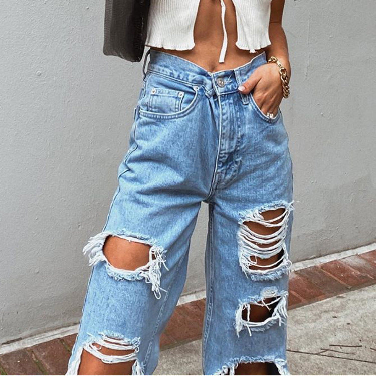 Women’s Ripped Slimming Washed Denim Jeans Trousers Mid Waist S-3XL