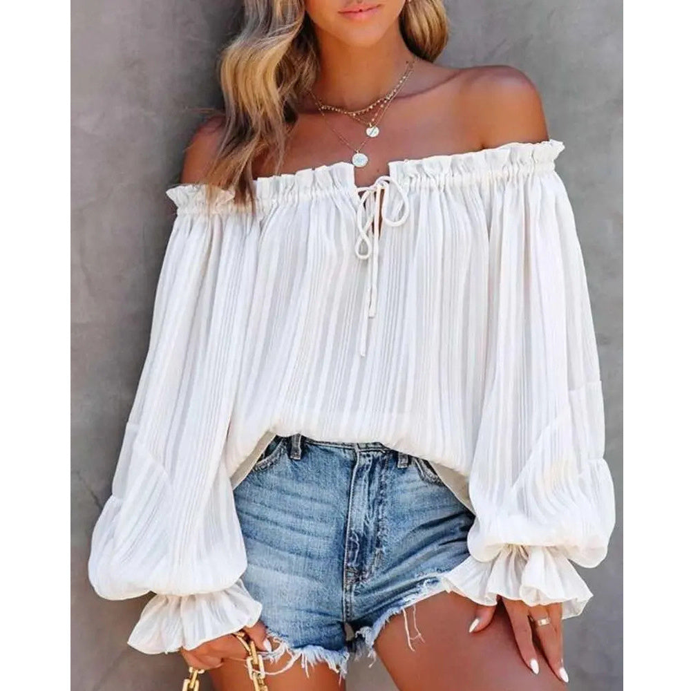Off-Shoulder Elastic Pullover Top with Lantern Sleeves
