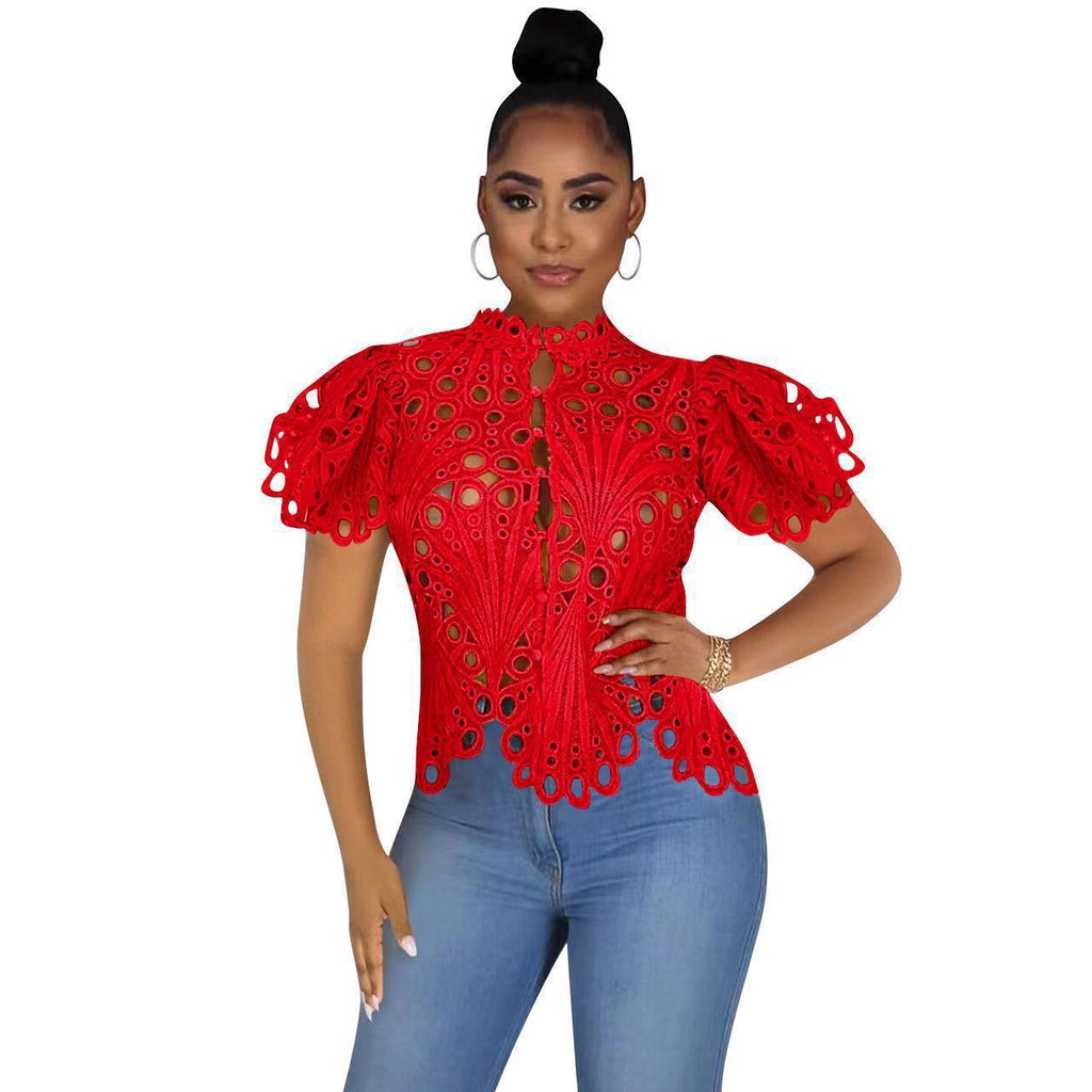 Sexy Cutout See-Through Lace Puff Sleeve Irregular Top for Women