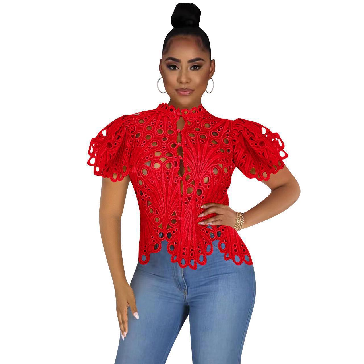 Sexy Cutout See-Through Lace Puff Sleeve Irregular Top for Women