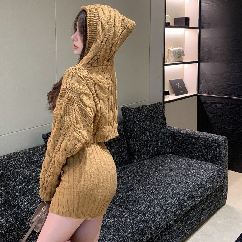 Retro Style Fashionable Hooded Twist Knit Sweater Skirt Suit