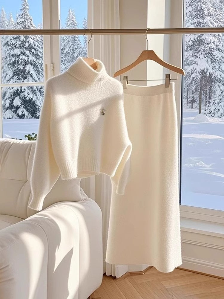 White Temperament Thick Sweater Skirt Suit for Women