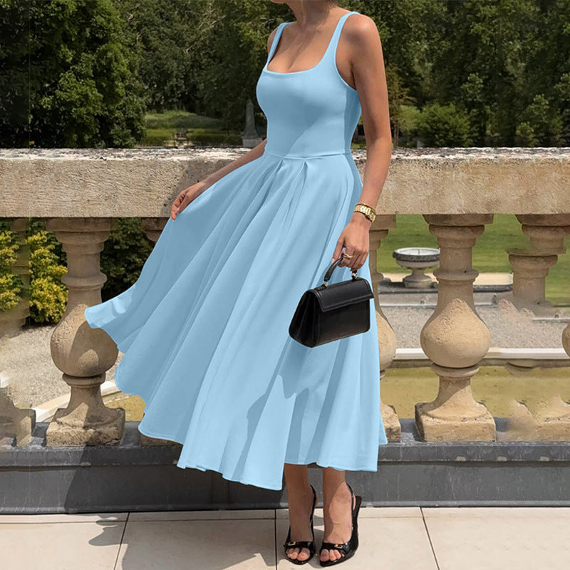 Square Collar Sleeveless High Waist Pleated Long Dress