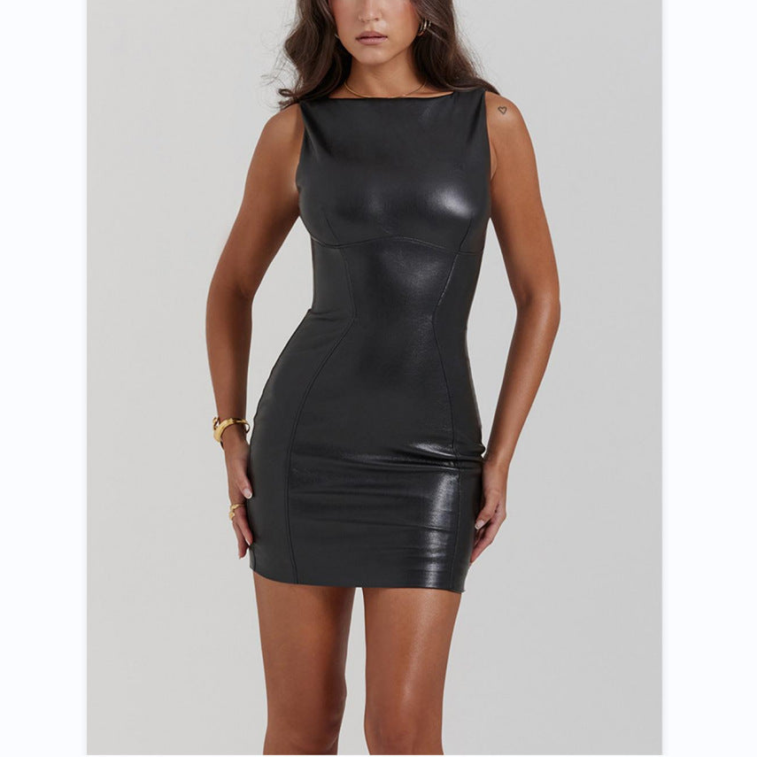 Black Sleeveless Slim Fit Leather Jumpsuit with Mini Skirt
