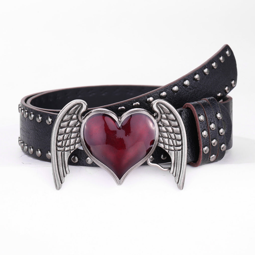 Heart Wings PU Leather Belt with Alloy Buckle, 108cm, Black & White