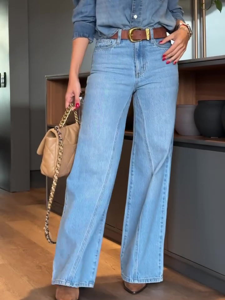 Jean denim taille haute coupe large bleu clair
