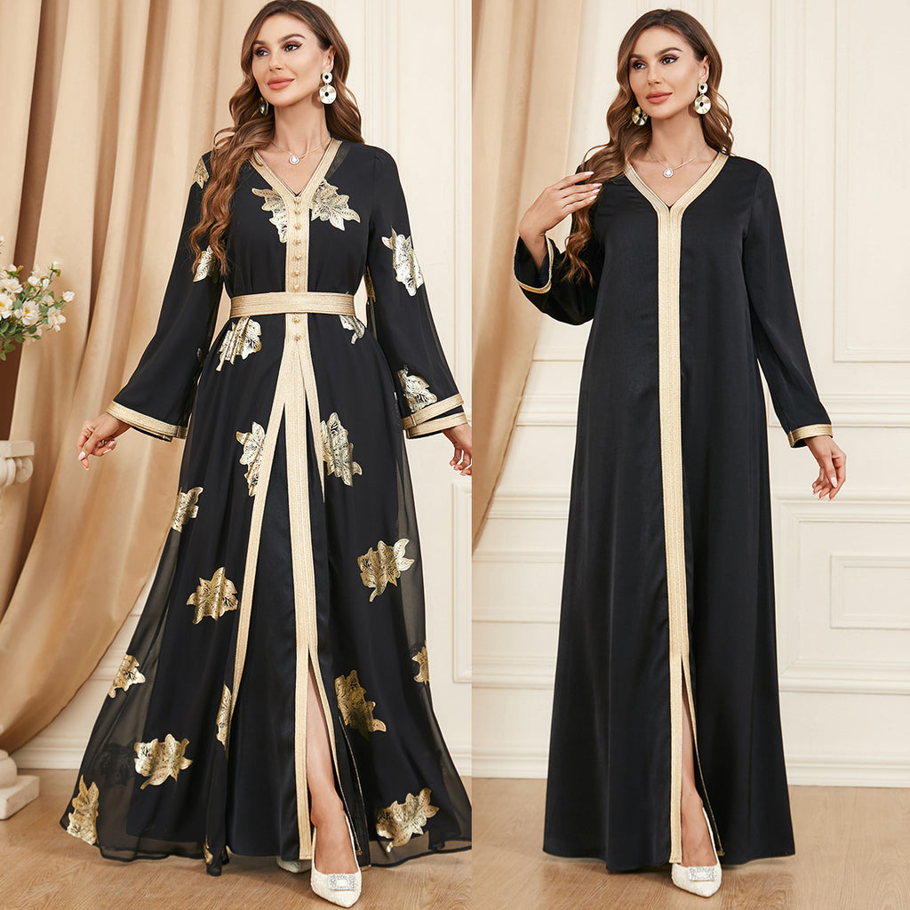 Robe deux pièces en mousseline de soie noire avec perles à ongles pour femmes musulmanes du Moyen-Orient M-XXL