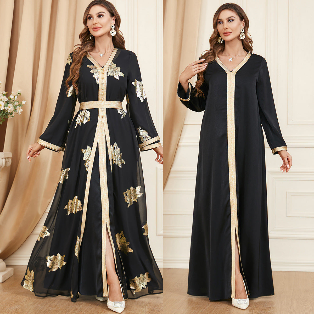 Robe deux pièces en mousseline de soie noire avec perles à ongles pour femmes musulmanes du Moyen-Orient M-XXL