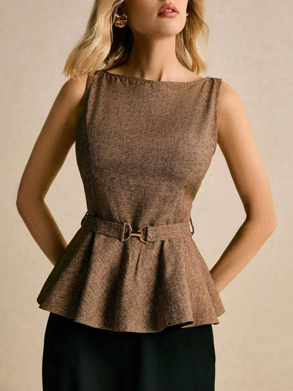 Puffy Solid-Color Sleeveless Top with Lace-Up Details for Women