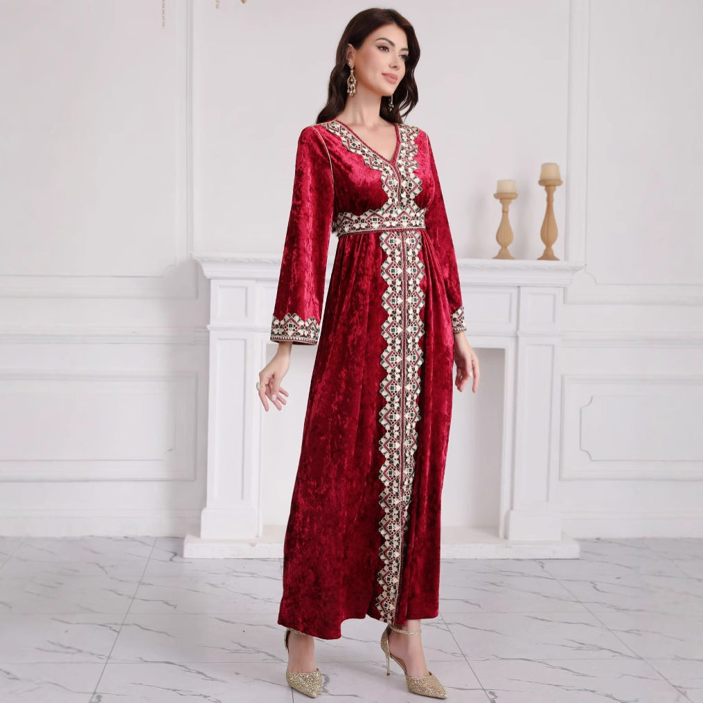 Arab Women's Slim V-neck Long Sleeve Embroidery Pleuche Dress