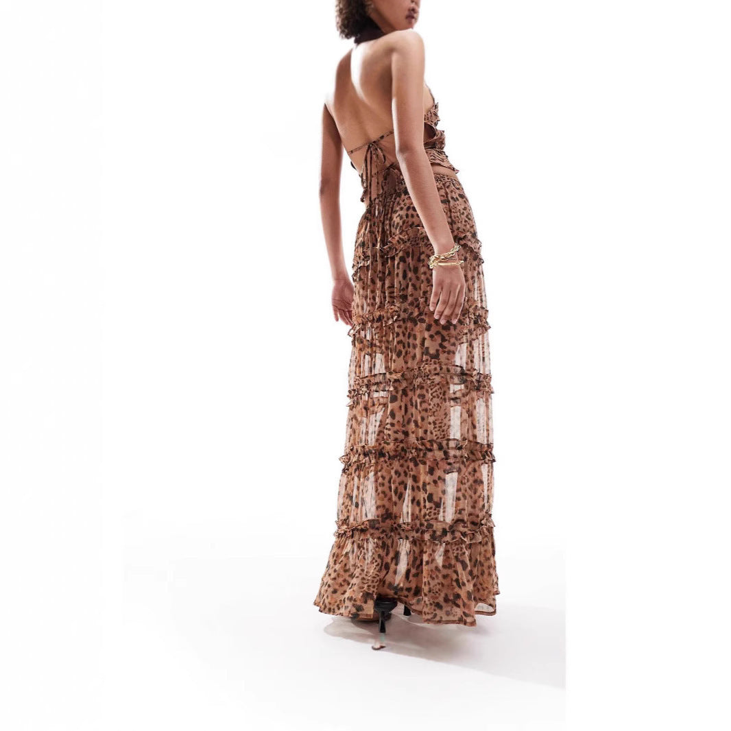 Robe caraco sans manches imprimé léopard avec dos nu pour femme