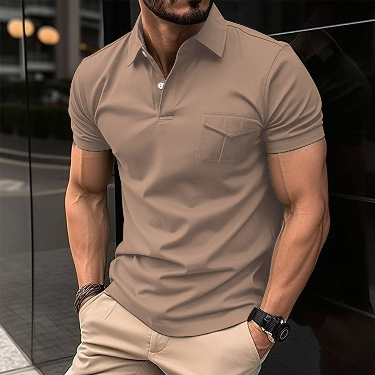Men's Loose Fit Polo Shirt with Zipper Pocket, Short Sleeve, Multiple Colors, Sizes S-XXXL
