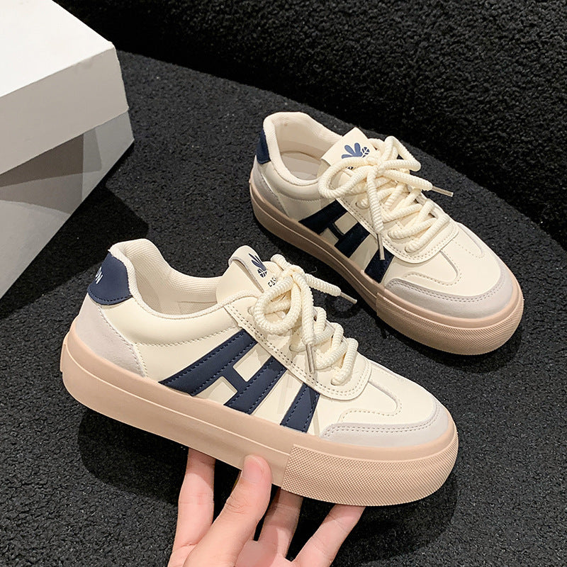 Thick-Soled Casual Lace-Up Sports Board Shoes for Students in Khaki & Blue