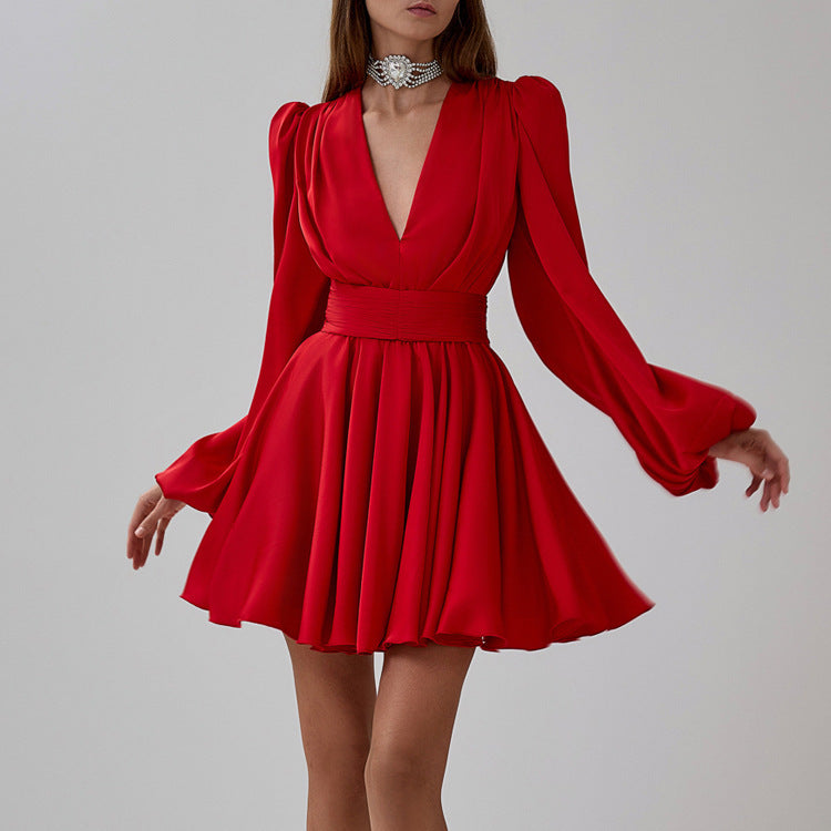 Red Puff Sleeve V-Neck Pleated Waist Tie Dress