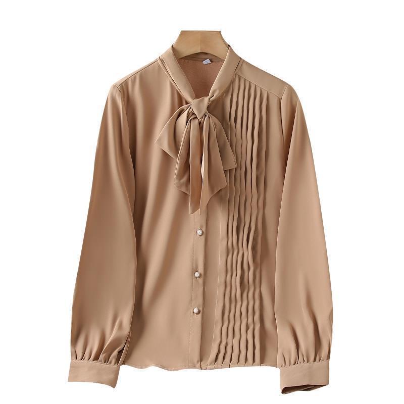 Light Brown Lace-Up Chiffon Long Sleeve Shirt for Women