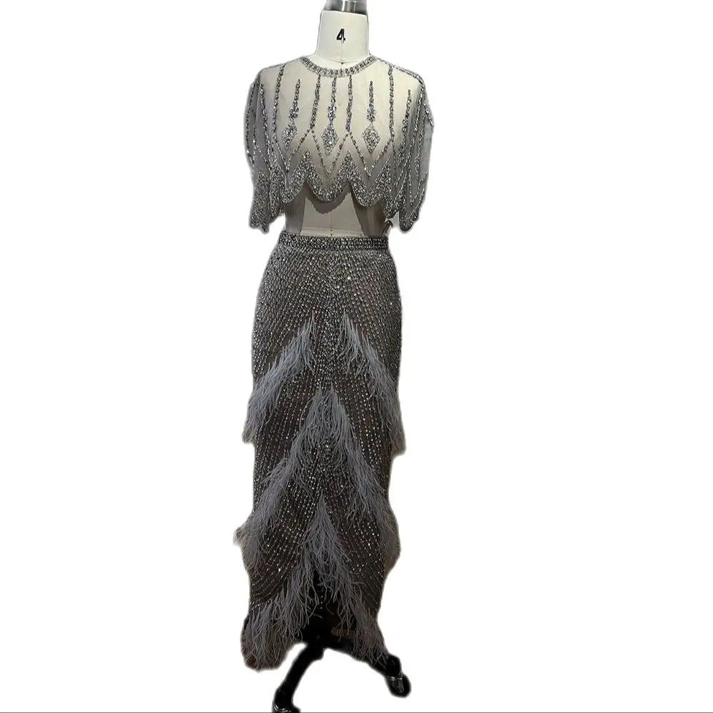 Silver Nude Slim-Fit Feather Beaded Organza Evening Dress for Ladies