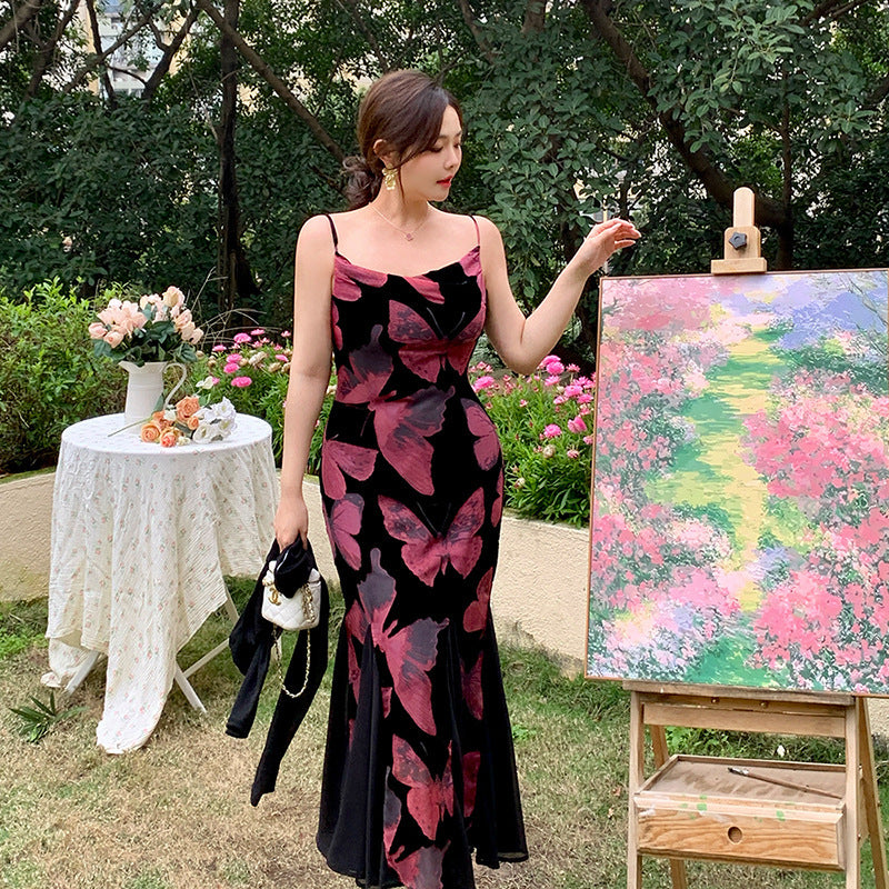 High-Grade Adult Women's Wind Flocked Printed Butterfly Dress