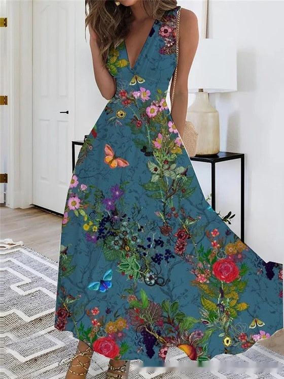 Spring Summer V-Neck Sleeveless Waist-Controlled A-Line Dress