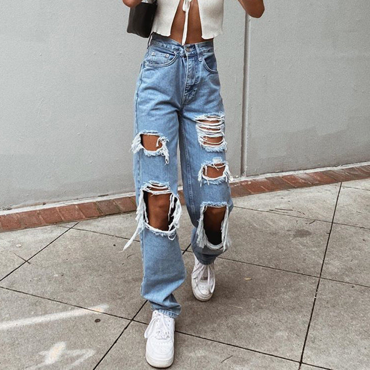 Women’s Ripped Slimming Washed Denim Jeans Trousers Mid Waist S-3XL