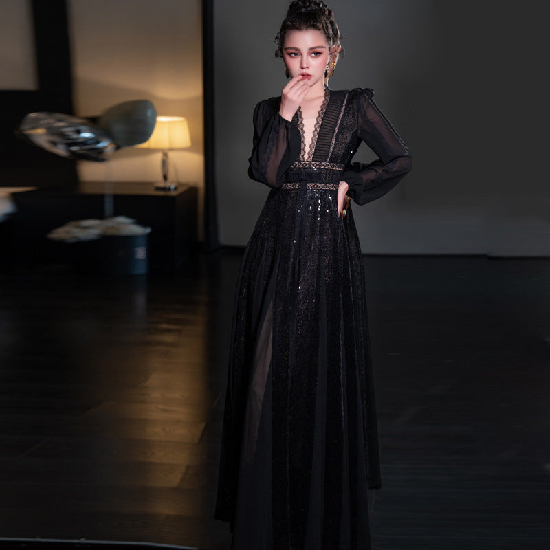 Robe de luxe arabe à col en V, manches longues et taille mi-haute avec grand ourlet
