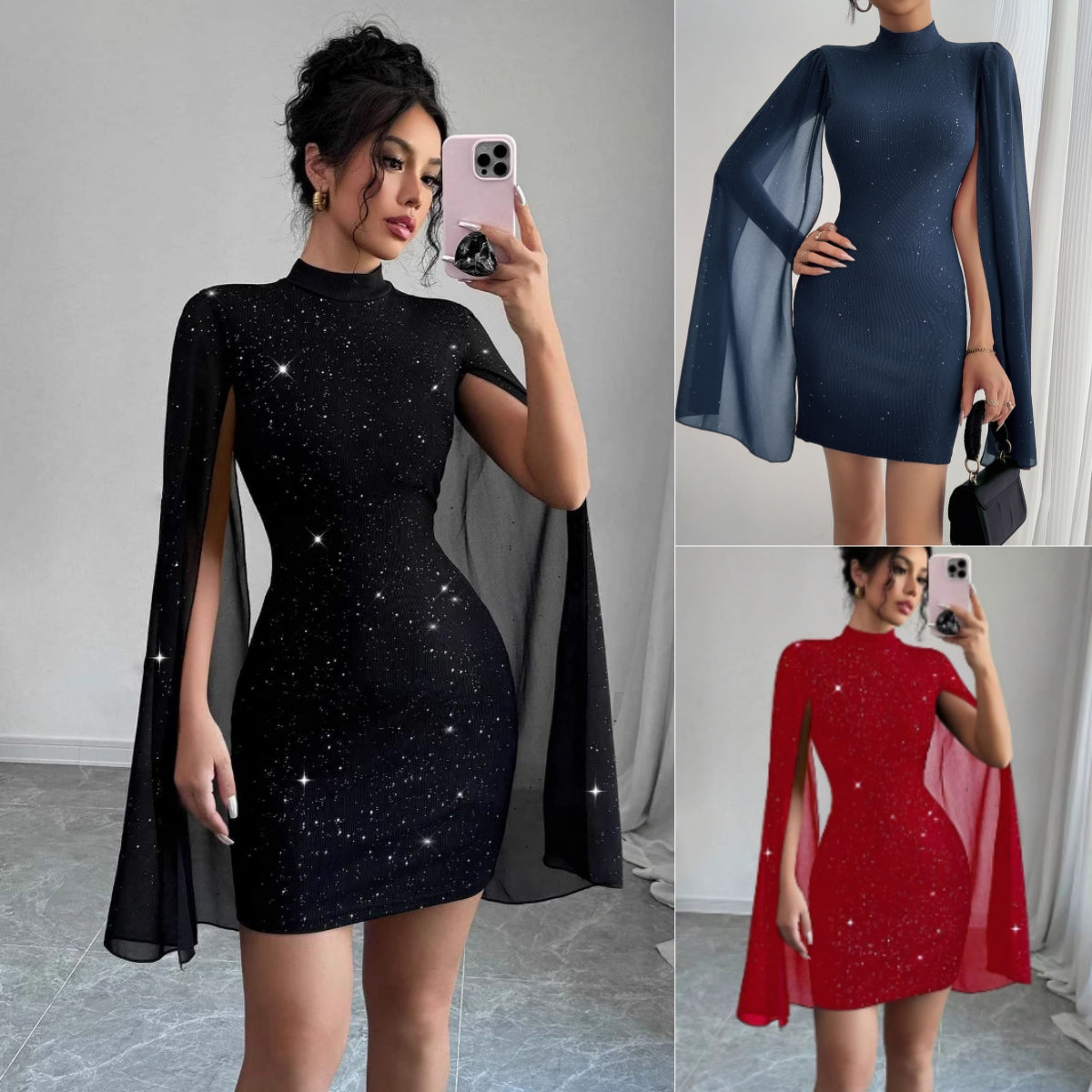 Robe Courte de Soirée Élégante pour Femme Col Rond Perle Mousseline Manche Cape Hanche Enveloppée