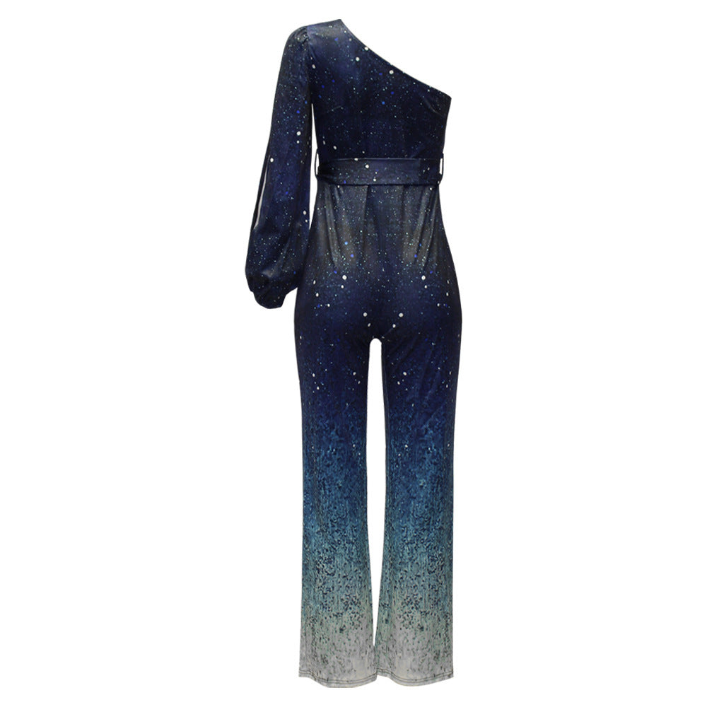 Combinaison pantalon femme à manches longues et jambes larges, décolleté asymétrique, imprimé dégradé bleu
