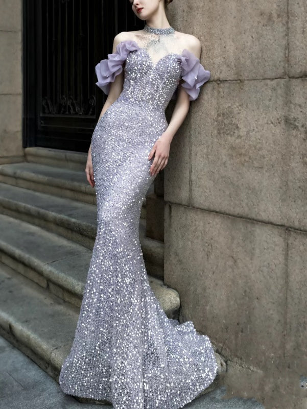 Purple Beaded Starry Sky Halter Fishtail Dress for Annual Meeting