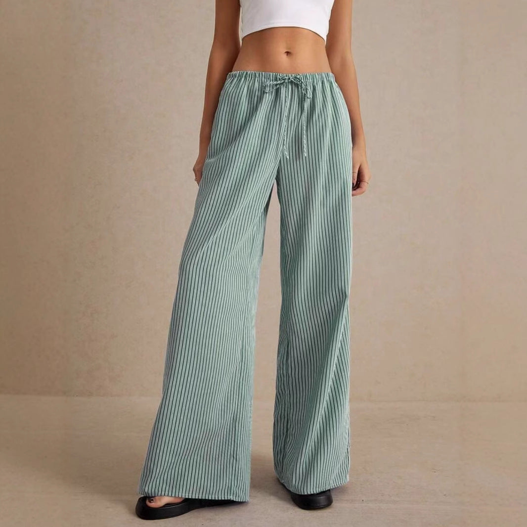 Women's Dark Green Loose Straight Trousers with Elastic Waist