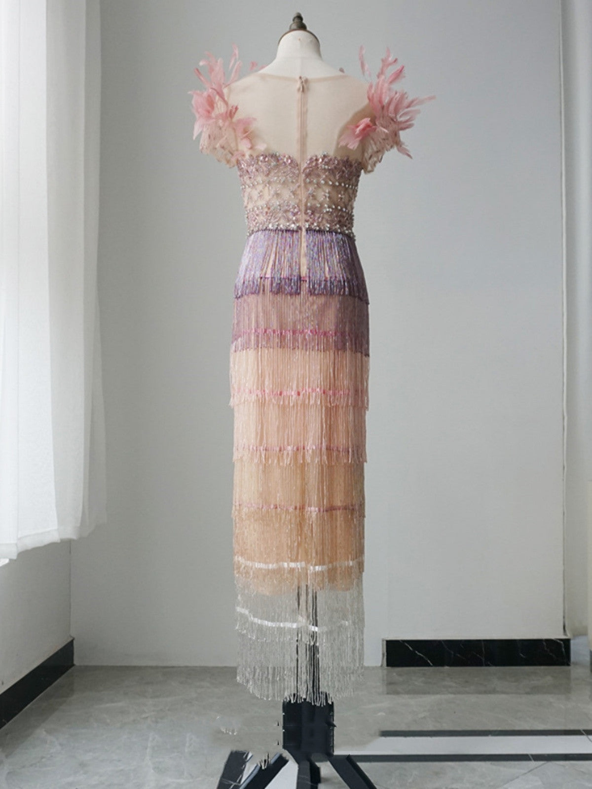 New Feather Mid Length Crystal Evening Dress