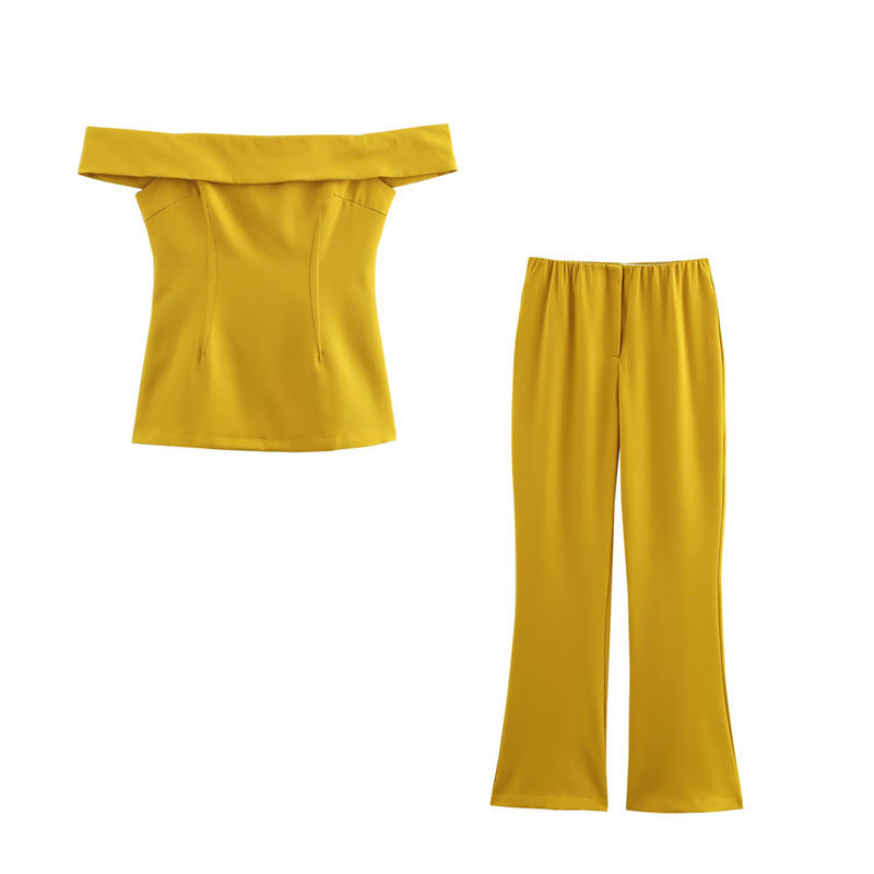 European American Women's Fashion Off Shoulder Side Slit Top with Bell-Bottom Pants